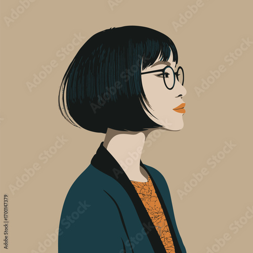 A woman with a sleek bob haircut and round glasses gazes to the side. She wears a stylish jacket and a patterned shirt, highlighting a modern and artistic look.