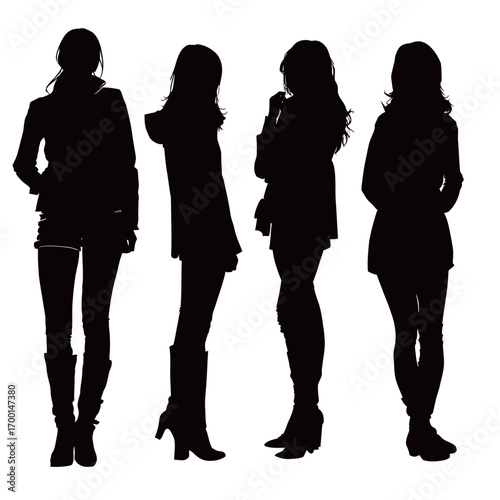 Four women are depicted in silhouette, each posing uniquely. Their outfits vary in style, emphasizing diverse fashion choices and heights.