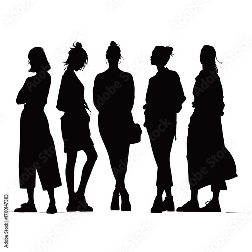 Five women are depicted as dark silhouettes against a colorful gradient background, posing confidently in various stances and outfits.