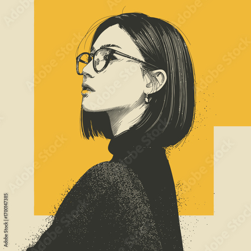 A confident woman showcases her chic bob haircut and glasses while exuding a stylish aura against a vibrant yellow background, captured during an artistic portrait session.