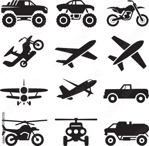 Vehicle Icons Silhouette Collection With Monster Trucks And Airplanes Keywords: vehicle