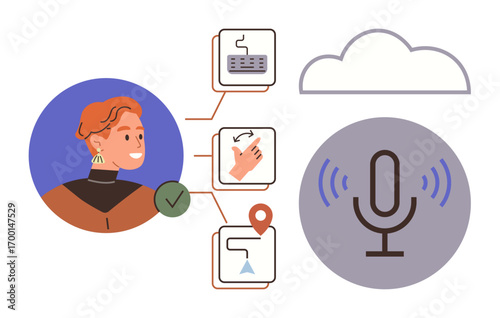Person using voice commands to sync with cloud and manage tasks via icons for typing, swiping, navigation. Ideal for technology, communication, AI, productivity, innovation, cloud storage