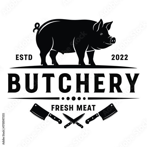 Vintage butchery logo with pig and butcher knives celebrating fresh meat quality vector