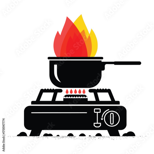 Cooking pot with flames on a portable gas stove icon concept vector