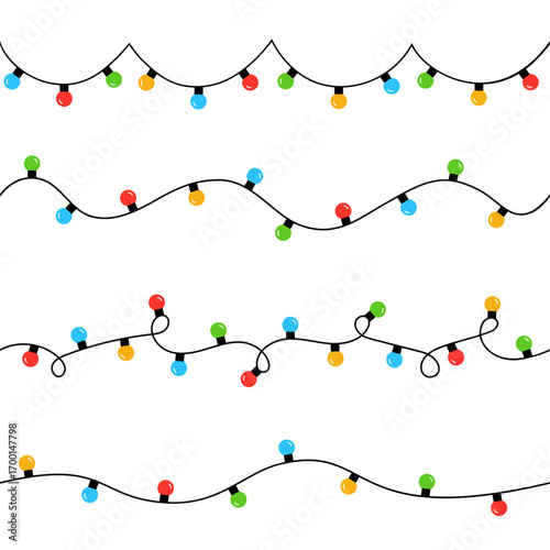 Vector set of simple flat colorful hanging christmas lights in seamless pattern on white background	
