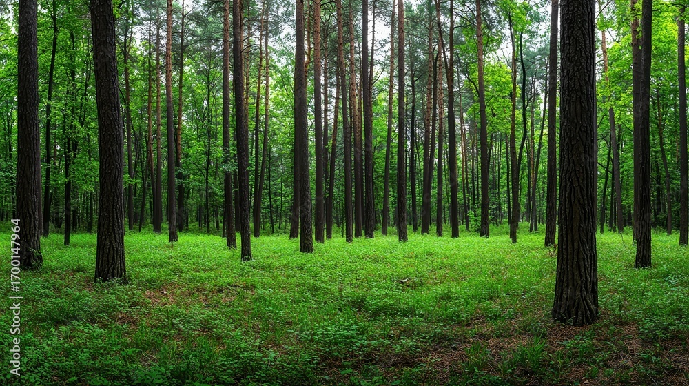 Naklejka premium Lush green forest landscape featuring tall trees surrounded by vibrant undergrowth, perfect for nature-themed projects, environmental awareness campaigns, or outdoor adventure promotions,