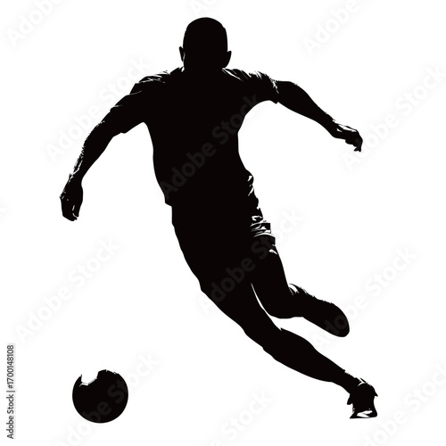 A soccer player is capturing the moment of kicking a ball, showing intense focus and movement in a contrasting silhouette. The background remains minimalistic for emphasis.