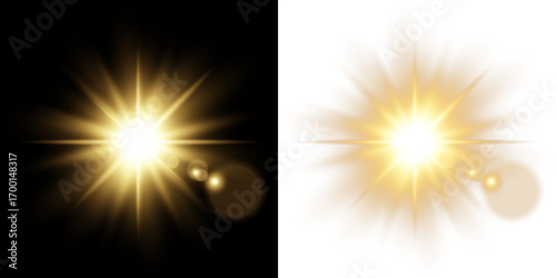 Horizontal golden light rays with glare, flashes, and sparkling glow isolated on transparent background. Shining star effect PNG, golden sun light, bright gold flash, and shimmering powder particles.
