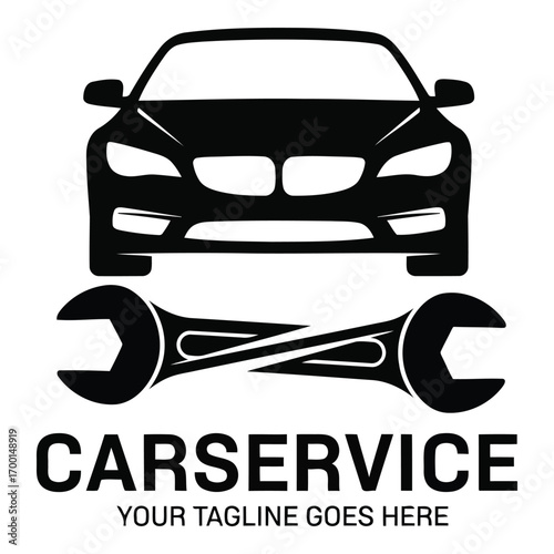 Automotive car service logo with wrench and vehicle silhouette for auto repair shop vector
