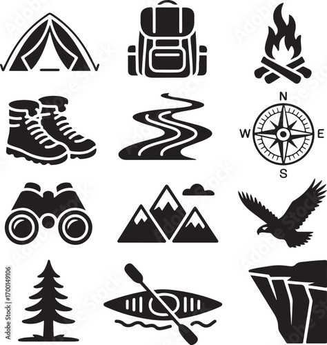 Set of black silhouette icons representing outdoor adventure and camping tent backpack