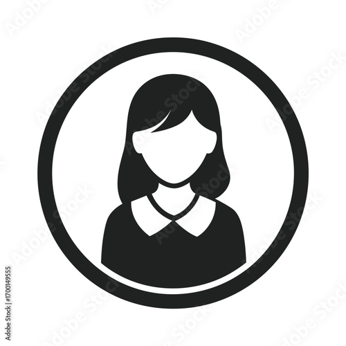 A minimalist silhouette depicts a girl with medium-length hair and a collar. The design is enclosed in a circular shape, emphasizing simplicity and clarity.