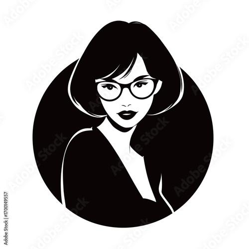A confident woman with short hair and glasses showcases her style in a minimalist black and white design. Her expression exudes sophistication and poise.
