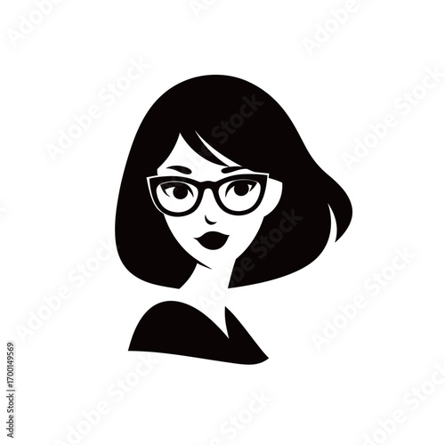 A confident woman with short hair and glasses gazes thoughtfully, highlighting her minimalist style in a simple, elegant design.