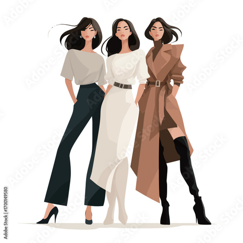 Three women stand confidently, wearing stylish outfits that highlight contemporary fashion trends. Each outfit features distinct colors and styles, displaying a blend of elegance.