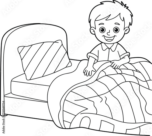 Happy boy waking up in bed, morning routine cartoon scene, black and white line art drawing, kids coloring page illustration design