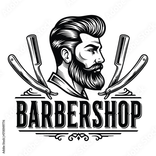 Vintage barbershop emblem with man portrait and straight razors for retro grooming style vector