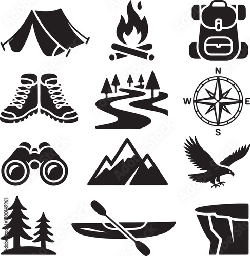 Camping and Outdoor Adventure Icons Set Silhouette Graphics tent campfire