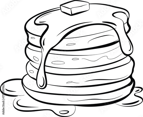 Stack of pancakes with syrup and butter, breakfast food illustration, cartoon line art drawing, black and white coloring page for kids