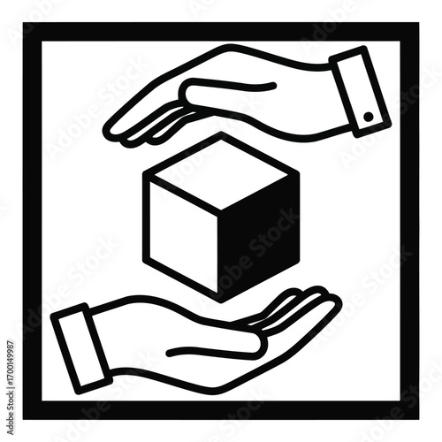 Two hands protecting a cube symbolizing care handling and safe storage of goods vector