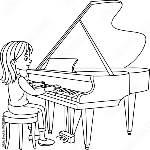 Young girl playing grand piano sitting on stool, music education concept, musical instrument practice, learning piano, child enjoying music, black and white illustration