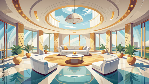 Elegant 360 panorama view inside a luxury living room, adorned with pearl white sectionals, floor-to-ceiling windows, sunlit marble tiles, and minimalist golden decor, creating a sense of purity and m