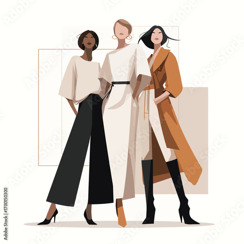 Three diverse fashion models pose confidently in chic outfits against a minimalist backdrop, highlighting their unique styles and poise during a fashion event.