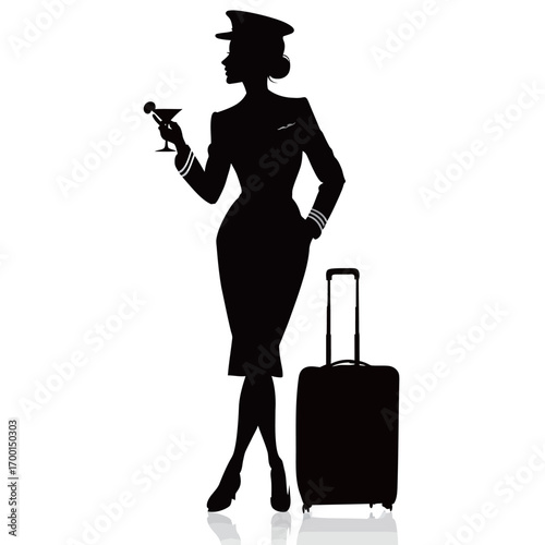 A confident flight attendant stands poised with a cocktail in hand and a suitcase beside her, embodying sophistication and travel elegance.
