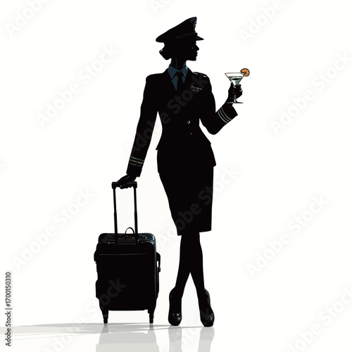 A confident airline pilot in a chic uniform holds a cocktail while standing beside a suitcase, embodying elegance and travel spirit, highlighted by a minimalist white backdrop.