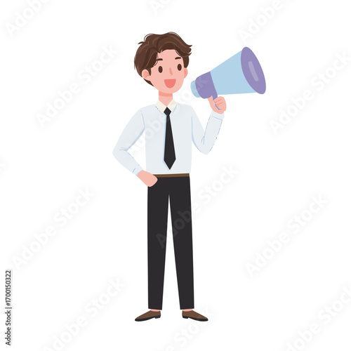 A young man stands confidently, holding a megaphone while dressed in formal attire. He appears excited about spreading a message or promoting an event, showcasing engagement.