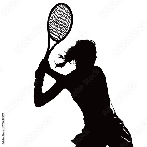 A silhouette of a female tennis player executing a strong swing with a racket. The player seems focused and ready for the next shot, showcasing athleticism and skill.