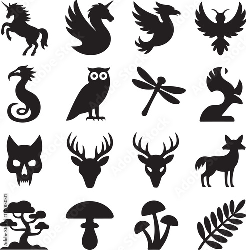 Mythical Creatures and Forest Icons Set Silhouette Graphics unicorn griffin