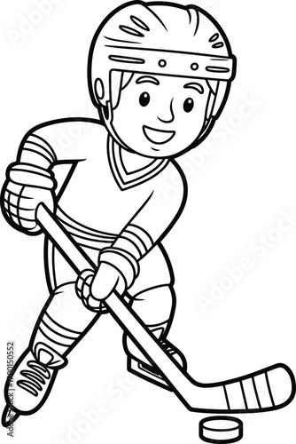 Smiling young boy playing ice hockey, wearing protective helmet, gloves, skating on ice rink with hockey stick and puck, winter sports, coloring page illustration