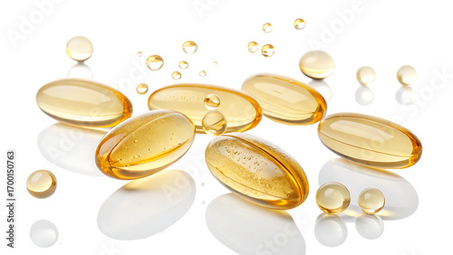 Floating omega-3 fish oil capsules cut out on PNG with illuminated background. AI GENERATED.
