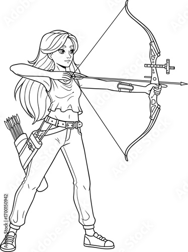 Young female archer aiming with modern compound bow, black and white illustration for coloring book, sports design, and educational vector project use