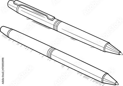 Ballpoint pens black and white illustration, detailed line drawing of writing instruments, isolated on white background, perfect for educational, design, and print projects