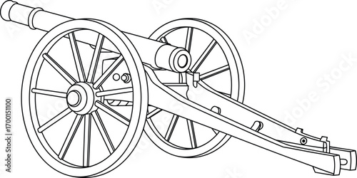 Vintage war cannon line art illustration, historical artillery with wooden wheels, detailed hand-drawn outline perfect for coloring books, education, and military design