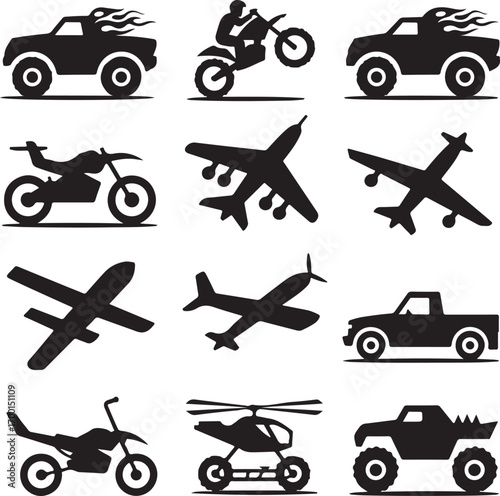 Collection of black vehicle and aircraft silhouettes on white background Keywords: car, automobile