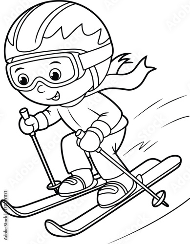 Smiling child skiing fast downhill wearing helmet and scarf, fun winter sports activity line drawing, perfect for coloring book and kids illustration