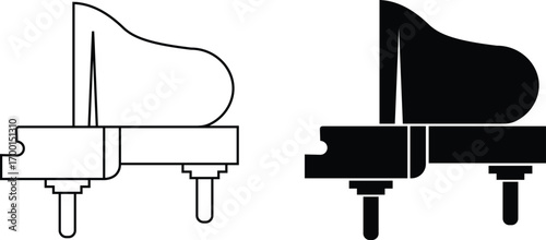 Black silhouette of upright piano icon set, isolated on transparent background. Graphic illustration. concept of musical instrument, classical music, piano recital, icon, logo, design element.