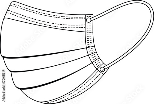 Black and white line art of a disposable medical face mask with ear loops, protective health gear, hygiene safety, pandemic prevention, respiratory protection, essential medical equipment