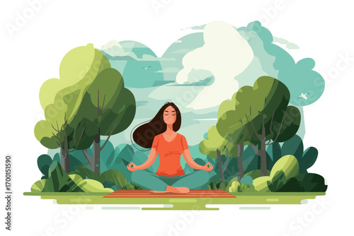 A woman is meditating peacefully on a yoga mat surrounded by lush green trees and vibrant foliage under a bright sky. Relaxation and tranquility are evident.