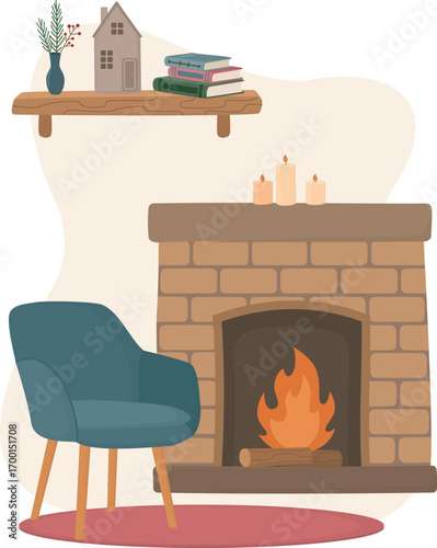 Fireplace with flame, armchair nearby and wall-mounted shelf with decorative objects and books