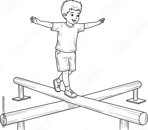 Happy boy balancing on playground beam, outdoor activity for kids, cartoon line art illustration for coloring books, safety education, and child development