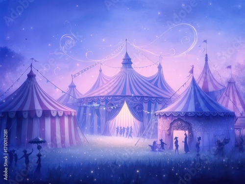 Enchanting twilight circus scene, whimsical tents, silhouetted figures entering, magical atmosphere.