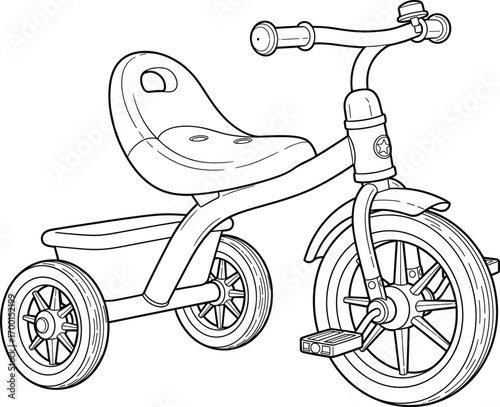 Classic tricycle for kids, vintage three-wheel bike illustration, children’s riding toy, black and white line drawing for coloring books and educational use