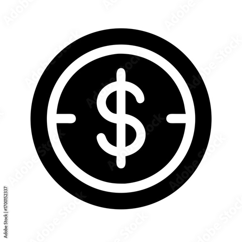 A shiny, gold dollar sign icon on a glossy metal button represents business, finance, and online banking