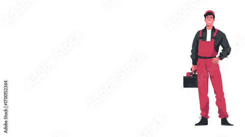 A cheerful worker dressed in red overalls stands with a toolbox in hand, ready to take on maintenance or repair tasks with a confident demeanor.