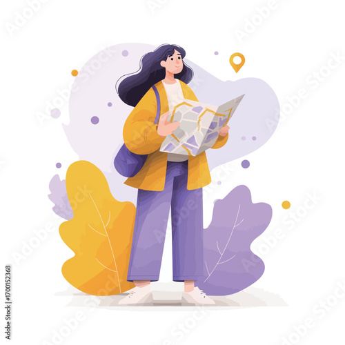 A woman stands confidently outdoors, holding a map while wearing a stylish yellow jacket and purple pants. She appears ready to navigate her surroundings and explore.
