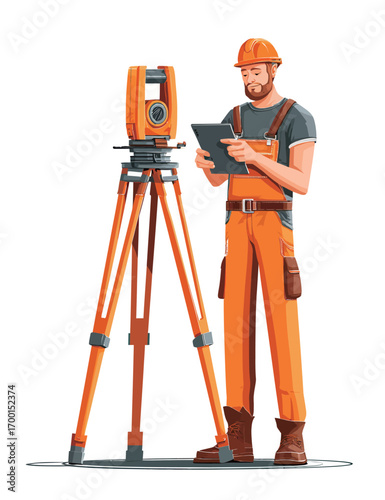 A construction professional dressed in orange overalls and hard hat operates a surveying instrument, checking measurements. The bright sunlight enhances the clarity of the scene.
