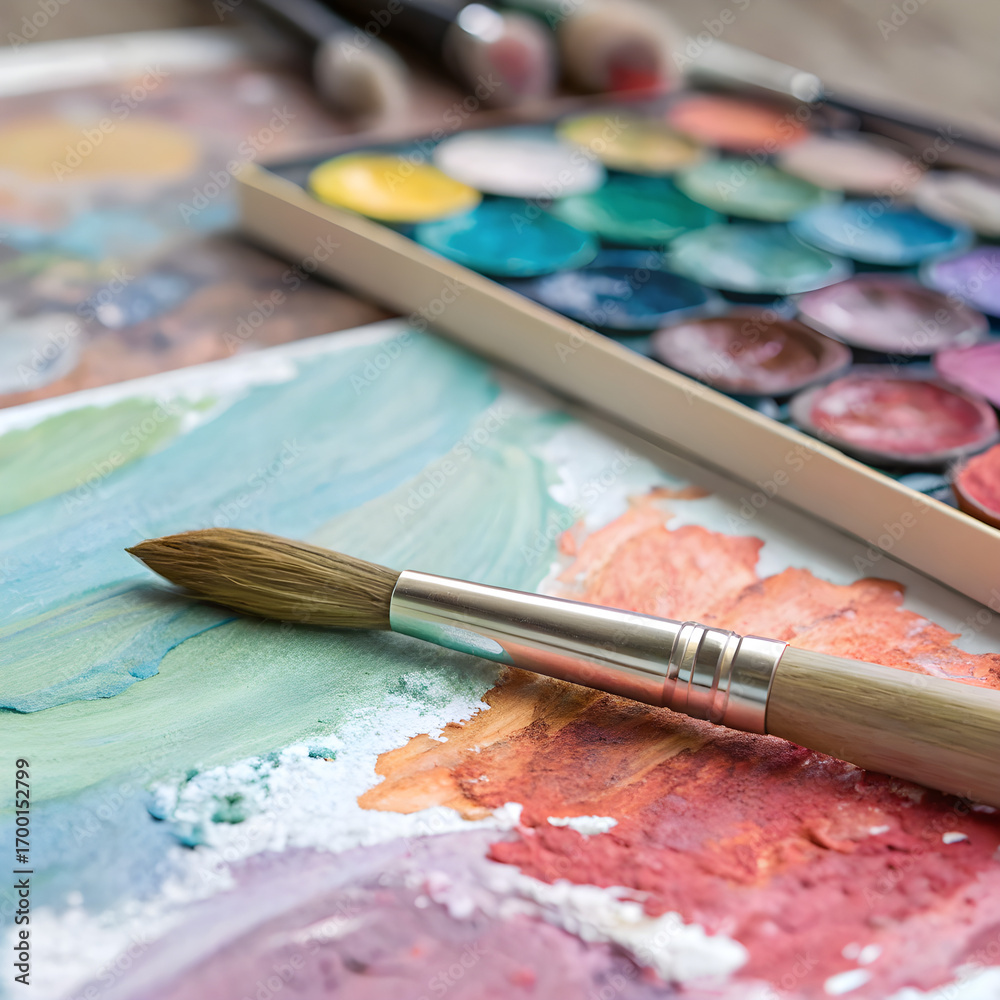 Fototapeta premium Top view of soft round brush mixing pastel colors on palette with artistic studio background